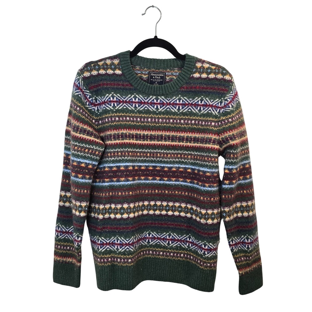 Abercrombie & Fitch Sweater Mens Medium Green Fair Isle Merino Wool Blend VTG